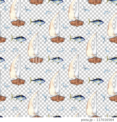 Seafaring in watercolor nautical pattern. Sailing ship and fish tuna hand drawn seamless design. Fish and boat on background isolated. Marine life element for textile, packaging, printed products Seafaring in watercolor nautical pattern. Sailing ship and fish tuna hand drawn seamless design. Fish and boat on background isolated. Marine life element for textile, packaging, printed products 117016564