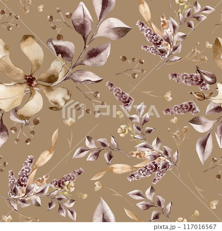 Monochrome flowers with branch maroon color watercolor seamless pattern isolated. Florals dark brown color hand drawn. Leaves in sepia tones. Design of event - related stationery, textile, packaging Monochrome flowers with branch maroon color watercolor seamless pattern isolated. Florals dark brown color hand drawn. Leaves in sepia tones. Design of event - related stationery, textile, packaging 117016567