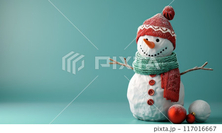 A snowman standing sideways on a solid background 117016667