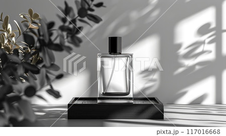 A bottle of cologne is sitting on a wooden platform 117016668