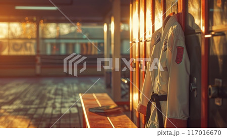 Close-Up of Taekwondo Uniform Hanging on Locker in School Gym 117016670