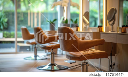 A salon with three brown chairs and a potted plant 117016674
