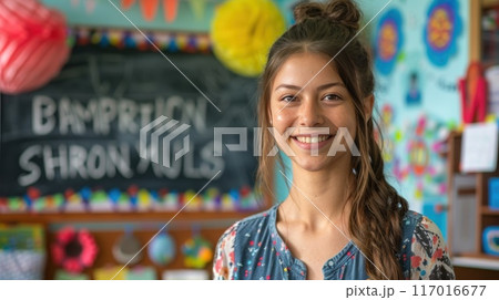 A teacher woman is standing in front of a chalkboard, Concept back to school 117016677