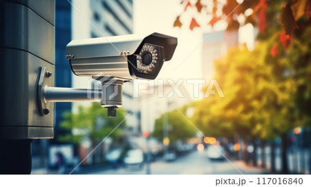 A camera is mounted on a pole in a city street 117016840