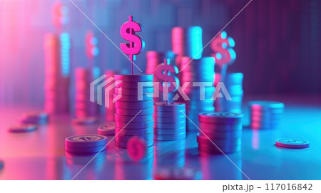 A stack of coins with a dollar sign on top 117016842