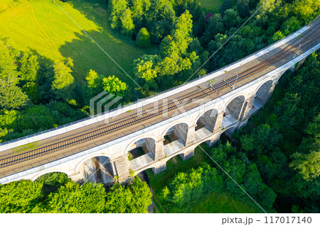 An aerial view showcases the Sychrov Railway Bridge in Czechia, prominently standing over the dense forest. The bright greenery complements the elegant architecture. 117017140