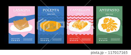Italian food set vector illustration. Engraved lasagna, polenta, cannelloni, antipasto, bundle of traditional dishes, homemade and restaurant dinner dishes and sauces cooking in cuisine of Italy 117017165