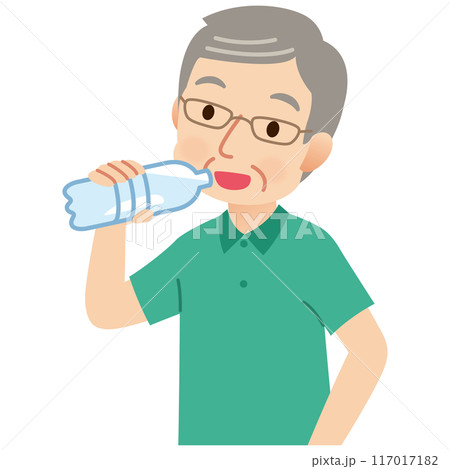ペットボトルの水を飲む高齢男性　健康　熱中症 117017182