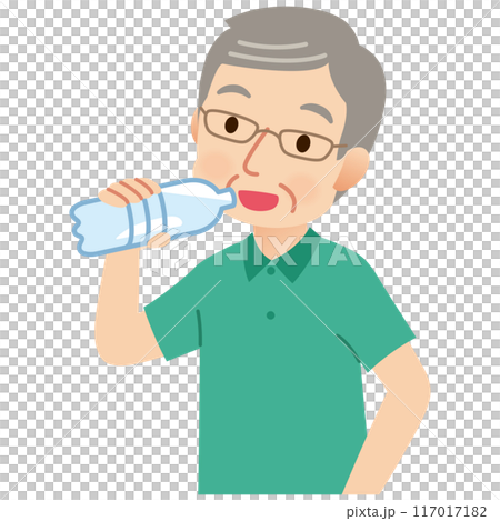 ペットボトルの水を飲む高齢男性　健康　熱中症 117017182