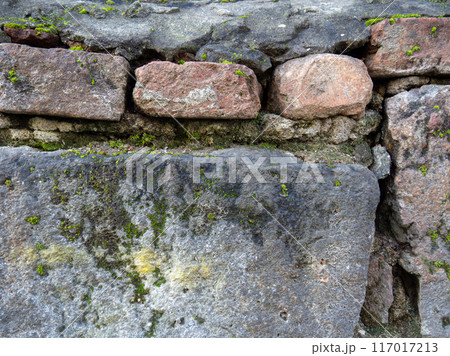 Vintage masonry  stone. Old wall made of rough stones. Background of solid  material. 117017213
