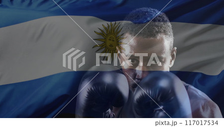 Image of flag of argentina over african american male boxer 117017534