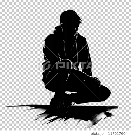 Black silhouette of a seated man on white background. Black silhouette of a seated man on white background. 117017604