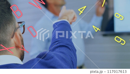 Image of numbers and letters over diverse business people in office 117017613