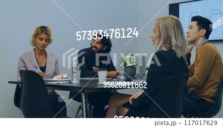 Image of numbers processing over diverse business people in office 117017629