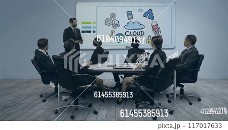Image of numbers processing over diverse business people in office 117017633
