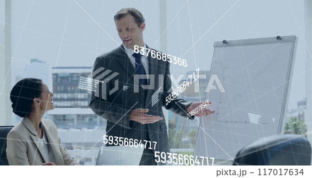 Image of numbers processing over diverse business people in office 117017634