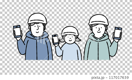 Vector illustration of a family wearing helmets and holding smartphones 117017639