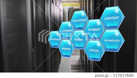 Hexagonal blue icons with educational terms image over server room background 117017680