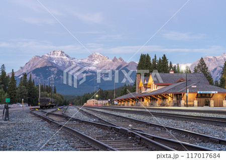 Banff, Alberta, Canada - SEP 08 2020 : Banff Railway Station in summer evening. Banff National Park, Canadian Rockies. 117017684