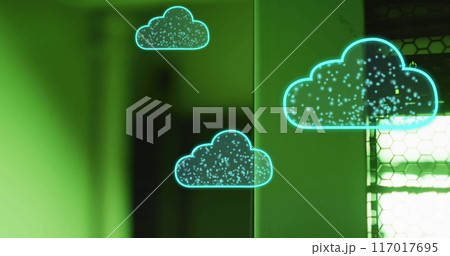Cloud computing and data storage image over green-lit server room Cloud computing and data storage image over green-lit server room 117017695