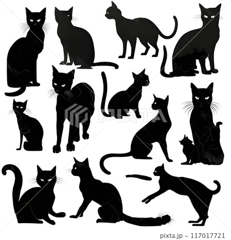 Black silhouette of a cats set on white background. 117017721