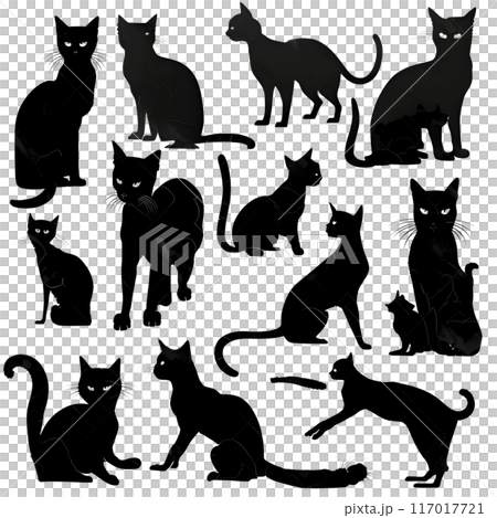 Black silhouette of a cats set on white background. 117017721