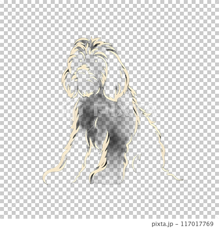 Black silhouette of a furry dog on black background. 117017769