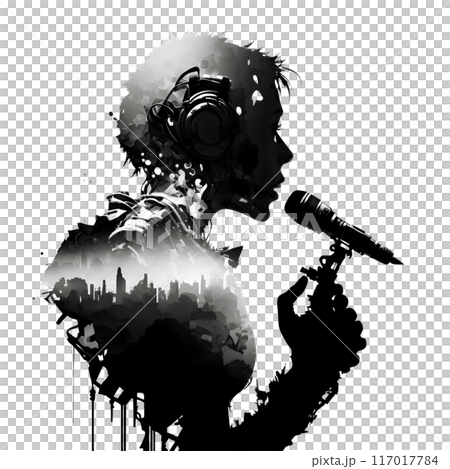 Black silhouette of a singer on white background. 117017784