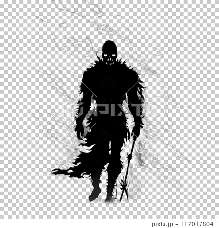 Black silhouette of a warrior on dark background. Black silhouette of a warrior on dark background. 117017804