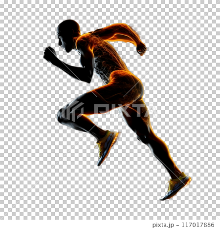 Black silhouette of a body on the move on dark background. Black silhouette of a body on the move on dark background. 117017886