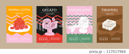 Italian food set vector illustration. Engraved panna cotta, gelato, zabaglione, tiramisu, bundle of traditional dishes, homemade and restaurant dinner dishes and sauces cooking in cuisine of Italy 117017968