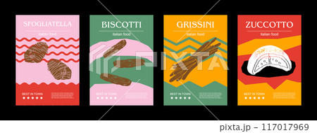 Italian food set vector illustration. Engraved sfogliatella, biscotti, grissini, zuccotto, bundle of traditional dishes, homemade and restaurant dinner dishes and sauces cooking in cuisine of Italy 117017969