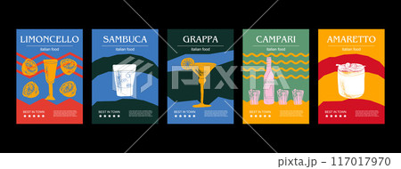 Italian drink set vector illustration. Engraved limoncello, sambuca, grappa, campari, amaretto bundle of traditional dishes, homemade Italian drink set vector illustration. Engraved limoncello, sambuca, grappa, campari, amaretto bundle of traditional dishes, homemade 117017970