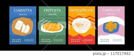 Italian food set vector illustration. Engraved ciabatta, frittata, minestrone, tortellini, bundle of traditional dishes, homemade and restaurant dinner dishes and sauces cooking in cuisine of Italy Italian food set vector illustration. Engraved ciabatta, frittata, minestrone, tortellini, bundle of traditional dishes, homemade and restaurant dinner dishes and sauces cooking in cuisine of Italy 117017982
