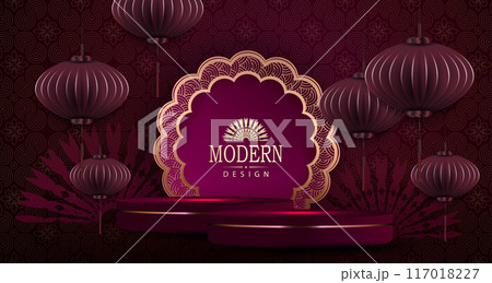 Happy Chinese New Year, burgundy card with round frame and Asian elements Happy Chinese New Year, burgundy card with round frame and Asian elements 117018227