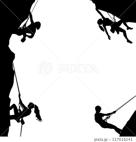 Silhouette of rock climbers, extreme outdoor sport. Silhouette of rock climbers, extreme outdoor sport. 117018241