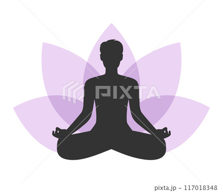 Abstract meditating man silhouette on lotus flower background. Male sitting in lotus position. Vector illustration 117018348