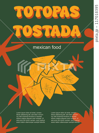 Mexican food set vector illustration. Engraved totopas tostada, bundle of traditional dishes, homemade and restaurant dinner dishes and sauces cooking in cuisine of Mexico 117018395
