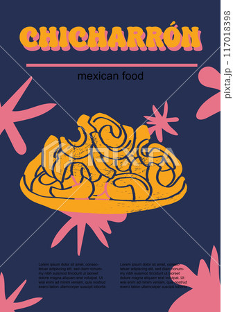 Mexican food set vector illustration. Engraved chicharron, bundle of traditional dishes, homemade and restaurant dinner dishes and sauces cooking in cuisine of Mexico Mexican food set vector illustration. Engraved chicharron, bundle of traditional dishes, homemade and restaurant dinner dishes and sauces cooking in cuisine of Mexico 117018398