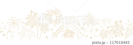 Fireworks festive explosion golden bursts, sparks in doodle style seamless pattern border. Holiday celebration decoration.  117018485