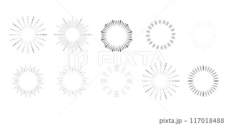 Set Fireworks, rays, sunburst frames circle border decoration, sparkle in doodle style, line sketch explosion isolated on white background. 117018488