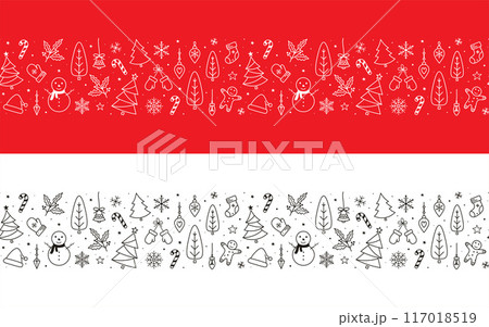 Christmas horizontal seamless pattern, hand drawn, elegant and detailed, great for christmas textiles. Festive pattern for greeting cards 117018519