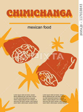 Mexican food set vector illustration. Engraved chimichanga bundle of traditional dishes, homemade and restaurant dinner dishes and sauces cooking in cuisine of Mexico 117018643
