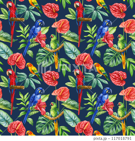 Seamless Pattern watercolor illustrations tropical palm leaves parrots birds isolated flora background, Tropic Patterns 117018791