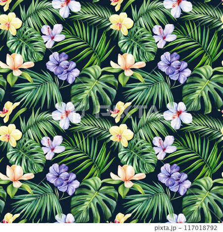 Hawaiian seamless pattern. Tropical palm leaves, flowers exotic floral background, watercolor botanical illustration Hawaiian seamless pattern. Tropical palm leaves, flowers exotic floral background, watercolor botanical illustration 117018792