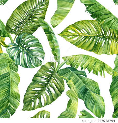 Tropical pattern, Summer watercolor palm leaves. Green pattern for wallpaper textile fabric design. Floral hand drawn Tropical pattern, Summer watercolor palm leaves. Green pattern for wallpaper textile fabric design. Floral hand drawn 117018794