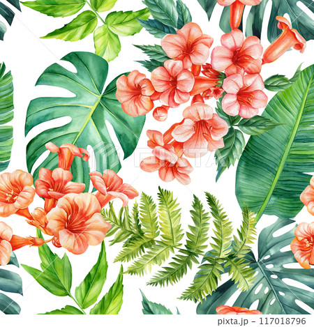 Hawaiian seamless pattern. Tropical palm leaves, flowers exotic floral background, watercolor botanical illustration 117018796