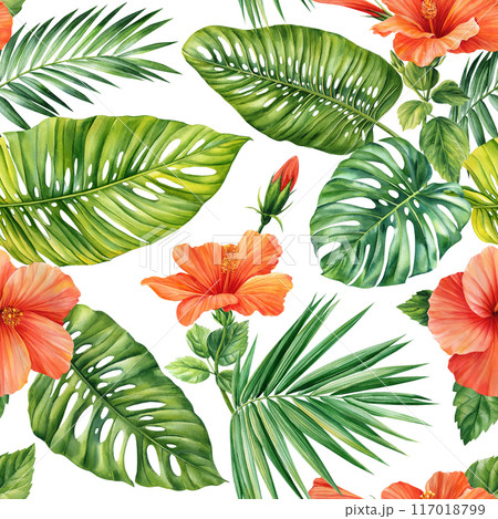 Tropical palm leaves, hibiscus flowers exotic background, watercolor botanical illustration. Hawaiian seamless pattern 117018799