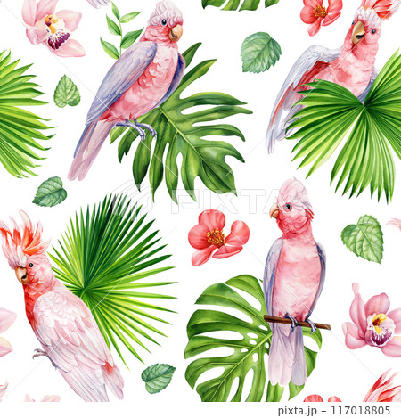Pink cockatoo Seamless Pattern watercolor tropical palm leaves parrots birds, flowers. flora background Tropic Patterns 117018805