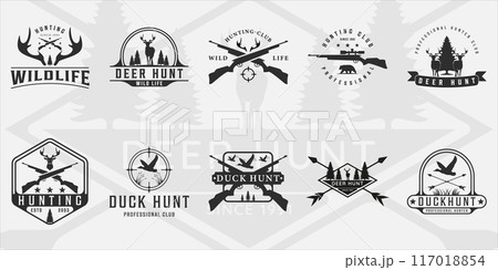 set of hunting logo vintage vector illustration template icon graphic design.bundle collection of various deer bear and duck hunt sign or symbol for hunter with retro badge and typography set of hunting logo vintage vector illustration template icon graphic design.bundle collection of various deer bear and duck hunt sign or symbol for hunter with retro badge and typography 117018854